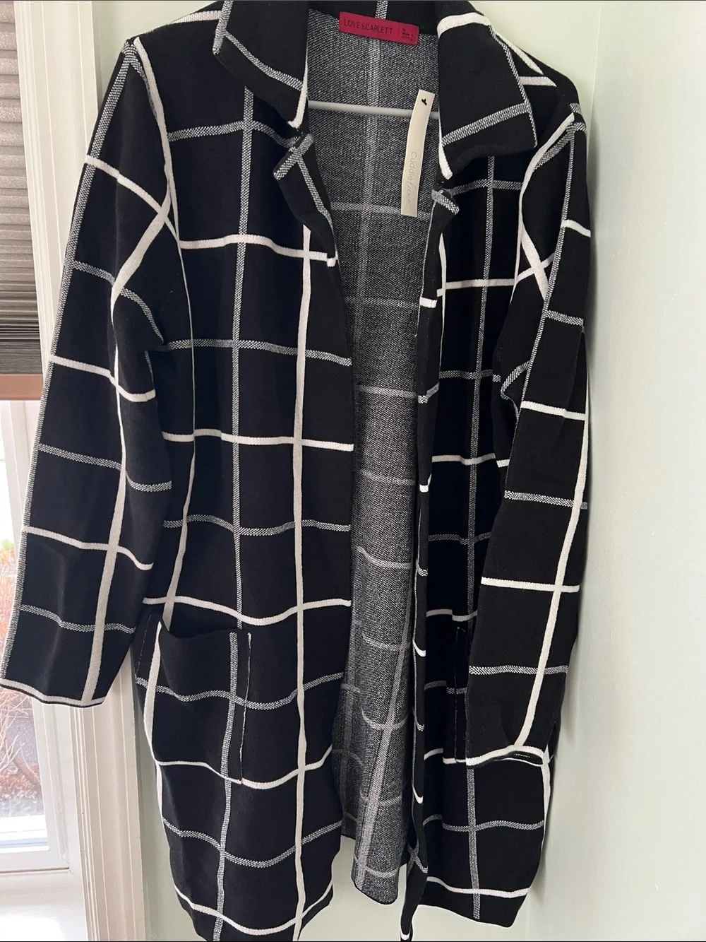 Scarlett Black and White Windowpane Open-Front Trench Coat